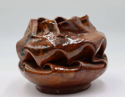 GEORGE OHR (American, 1857-1918): Glazed pottery Vase. Signed on the base. From a Sutton Place NYC estate. - Dimensions: 4" h x 4.5" dia