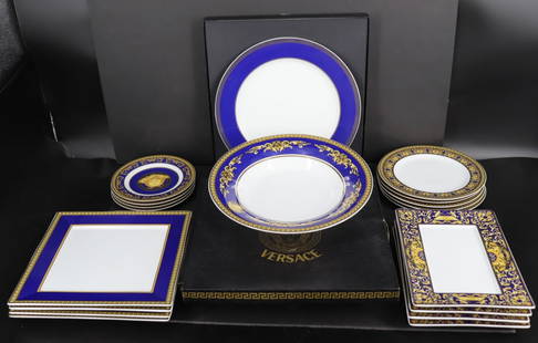 Lot Of Assorted Versace For Rosenthal Porcelain: To include 4 platters (10.5" x 10.5"), 5 plates (8.75" dia), 4 plates (10.5" x 7.5"), 4 boxed plates (12"), 1 bowl (12" dia), and 4 plates (7" dia). From a Sutt