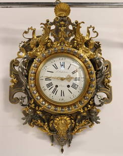 FERDINAND BARBEDIENNE (French 1810-1892).: Brone signed F. Barbedienne, the face also signed Ferdninand Barbedienne, Paris and the movement signed, C.K. Boye Gilt & Patinated Bronze Wall Clock. A magnificent example here. Large with great