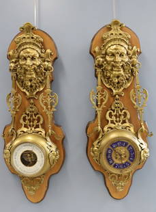 Antique Bronze Clock Barometer Combo Mounted: On Wood. Nice large size with well executed bronze instruments and the head of Neptune. From an Albertson, Long Island, NY estate. - Dimensions: 36" h x 12" w.