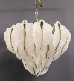 Midcentury Camer Style Chandelier.: A good large size and rare form with white glass. From a Harrison, NY estate. - Dimensions: 18" h x 21" w.