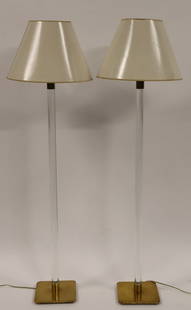 A Signed Pair Of Hansen NY Floor Lamps.: Nice pair Hansen NY Lucite and brass floor lamps, Circa 1960/70s, marked "HANSEN LAMPS - NEW YORK", rotary switches. From a Queens, NY estate. - Dimensions: 58" h x 9" base.
