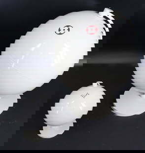 2 Louis Vuitton LV Modern Design World Globe: Displays . 2 Louis Vuitton white globe displays. From New York store promotional display. Spinning globes features white surface with one icon from Louis Vuitton pattern. From an Eastchester store bas