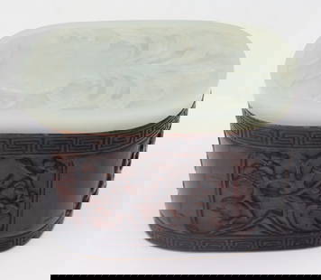 Chinese Carved Jade and Rosewood? Box.: Chinese carved rosewood box displaying flowering branches and a Greek key design. Box is adorned with beautifully carved Chinese white jade lid of a vase with flora. Jade plaque weighs approx. 81.0 gr