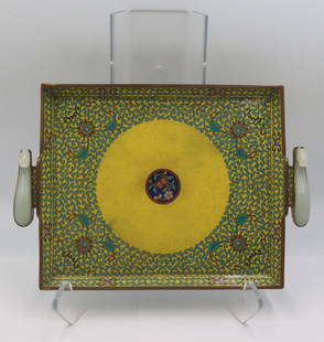 Chinese Cloisonne Tray with Jade Handles.: Chinese multi-color enamel decorated cloisonne rectangular tray with chrysanthemum border surrounding a central circular frame with interior floral pendant. Tray is further designed to house (2) Chine