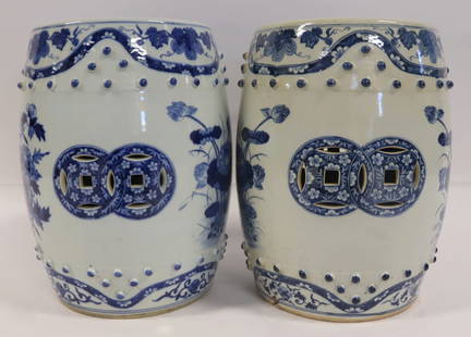 Pair of 20th C Chinese Blue and White Garden: Seats. Decorated with flowers. From a Greenwich, CT estate. Dimensions: garden seats measure approx. 18&quot; h.