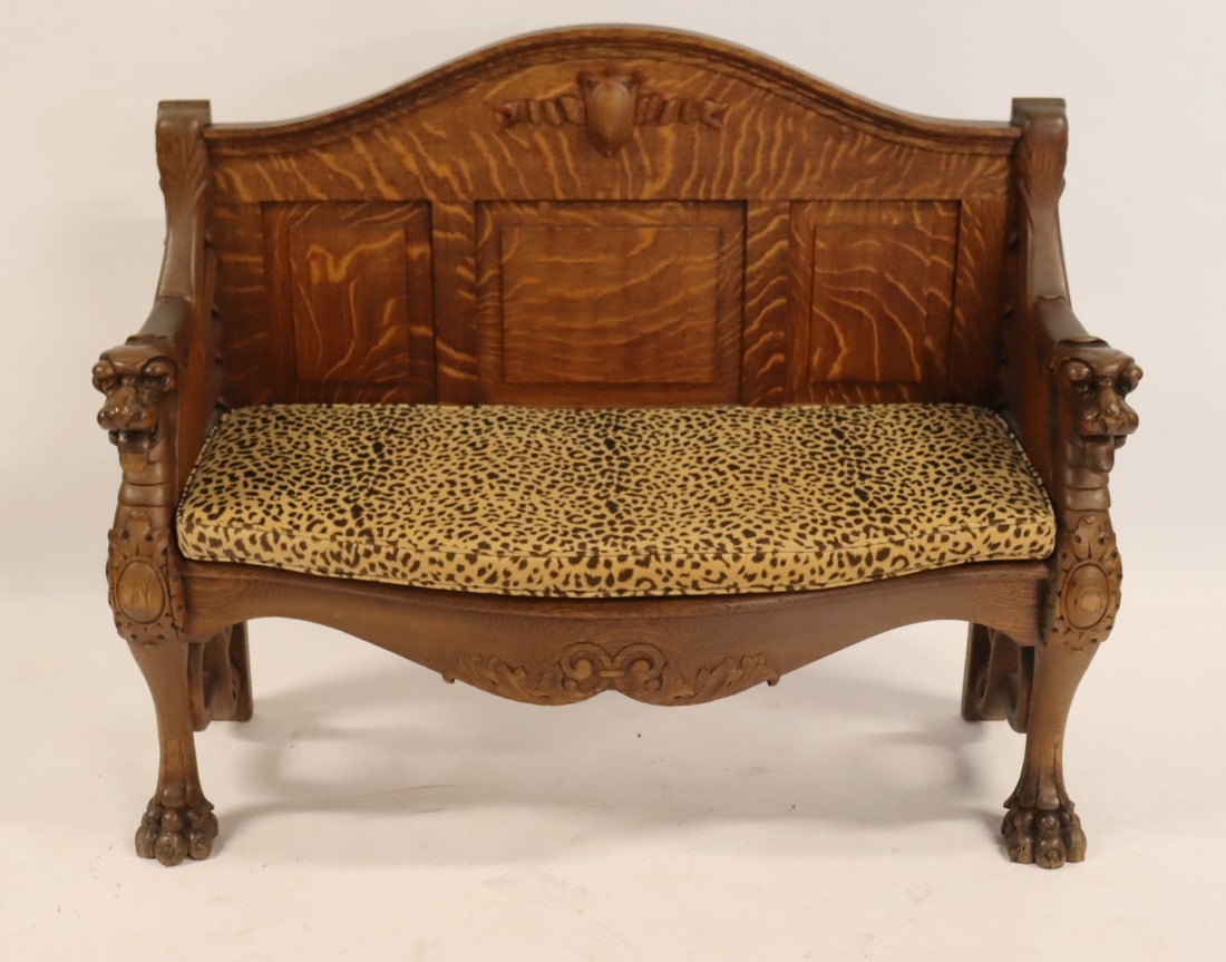 Victorian Carved Golden Oak Griffin Bench. (1 of 7)