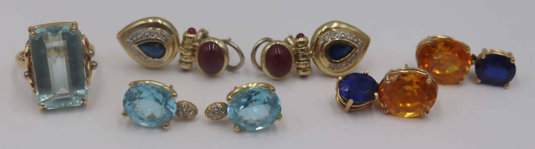 JEWELRY. 14kt Gold and Colored Gem Jewelry.: Includes a pair of 14kt yellow gold mounted earrings displaying prong-set oval faceted yellow-orange gems set atop prong-set oval faceted blue gems; a 14kt yellow gold and prong-set light blue emerald