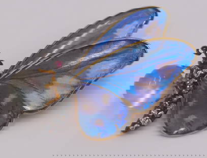 JEWELRY. Signed 14kt Gold, Silver Diamond and Ruby: Butterfly Brooch. EXCEPTIONAL signed 14kt yellow gold brooch of a butterfly displaying beautiful gold mounted butterfly wings, and a body comprised of Old Mine cut diamonds and a single faceted ruby e