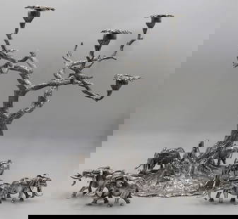 SILVER. Patrick Mavros Silver 5-Light Candelabra.: Ex-Christie's signed Patrick Mavros "Tree of Lights" five-light candelabra displaying "three fixed Tuskers - Mafunyane, Kabakwe and Shawu". Each candelabra arm bobeche is beautiful