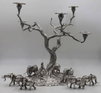 SILVER. Patrick Mavros Silver 5-Light Candelabra.: Ex-Christie's signed Patrick Mavros &quot;Tree of Lights&quot; five-light candelabra displaying &quot;three fixed Tuskers - Mafunyane, Kabakwe and Shawu&quot;. Each candelabra arm bobeche is beautiful