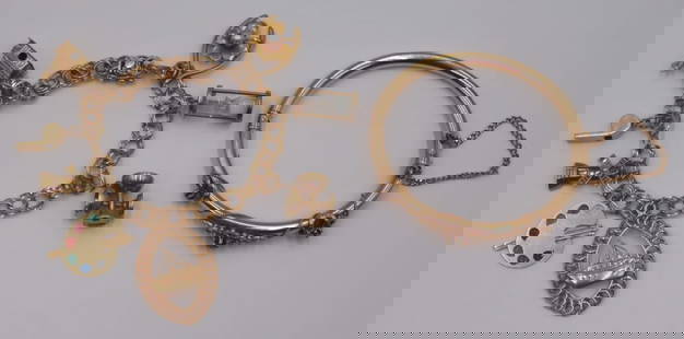 JEWELRY. 14kt Gold Jewelry Grouping.: Includes a 14kt yellow gold charm bracelet suspending a total of (8) charms including a FM Co. 14kt yellow gold horseshoe clover and pearl charm, a JMF 14kt yellow gold hourglass charm, a signed AC 14