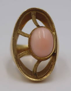 JEWELRY. Bulgari .850 Gold and Coral Ring Frame.: Signed Bvlgari .850 gold ring frame with oval angel skin coral cabochon with an open surround that once housed carved pendants. Interior of the band is inscribed, &quot;Bvlgari&quot; with a lozenge fo