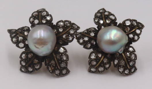 JEWELRY. Italian Buccellati 18kt Gold Pearl and: Diamond Floral Form Earrings. Signed Buccellati Italian 18kt yellow gold floral form earrings displaying silver-topped gold flower petals inlaid throughout with rose cut diamonds and a central semi-ba