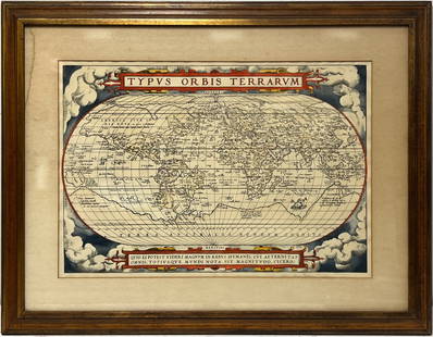 Early World Map &quot;Typvs Orbis Terrarvm&quot; Hand Color: Dated 1590 near bottom legend box. Hand colored, with red and orange watercolor prominent in the titles. Blue clouds in border. Some slight use of yellow in the boundaries of the map. With signature o