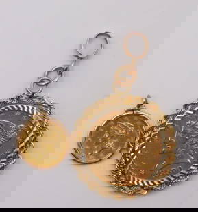 JEWELRY. American Gold Coin Pendants.: A 14kt yellow gold bezel containing a prong set 1880 S (San Francisco Struck) $5 Liberty Head, Half Eagle gold coin. The total mintage for this date & mint: 1,348,900. Accompanied by a gold tone b