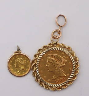 JEWELRY. American Gold Coin Pendants.: A 14kt yellow gold bezel containing a prong set 1880 S (San Francisco Struck) $5 Liberty Head, Half Eagle gold coin. The total mintage for this date &amp; mint: 1,348,900. Accompanied by a gold tone b