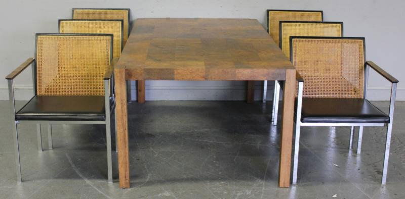 Midcentury Dining Table and 6 Chairs.: A great looking set with 2 extension leaves. From a Scarsdale, NY home. Dimensions: Table - 38.5" x 65" x 28" high, arm chairs - 22.5" wide x 22" deep x 31" high, side chairs - 19" wide x 22" deep x 3