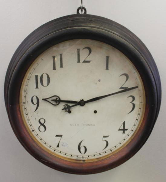Large Seth Thomas Station Clock.: A nice, rare size. From a White Plains, NY estate. Dimensions: 25" wide x 18" high. Condition: Small flaking on face and losses.