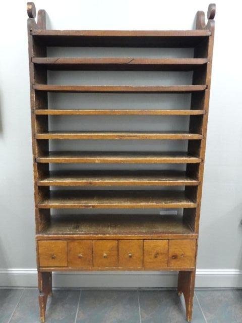 Unusual Antique American Pine Cabinet.: With 6 shelves and drawers below. From a New Haven, CT estate. Dimensions: 36.5" wide x 10.5" deep x 71" high.