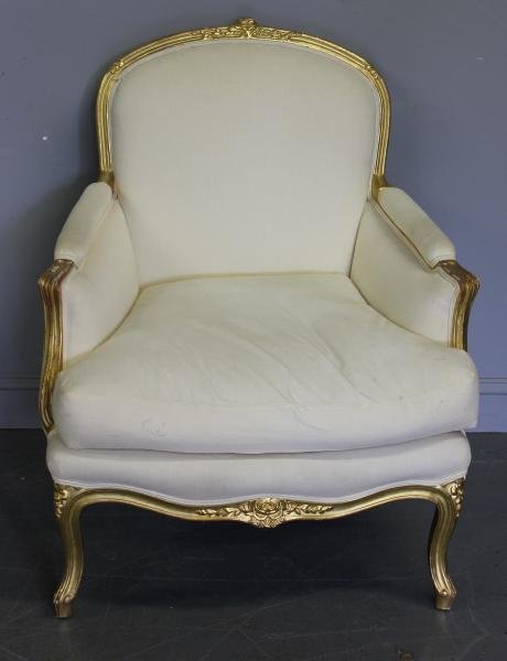 Louis XV Giltwood and Upholstered Bergere.: From a Park Avenue NYC estate. Dimensions: 31" wide x 30" deep x 38.5" high.