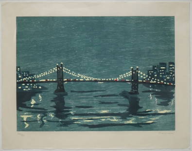 RICHARD BOSMAN (AMERICAN, B. 1944).: 'Bridge I'. Woodcut in colors. Signed lower right. Edition 24 of 50. From a Long Island, NY collection. - Dimensions: 23" h x 29" w.