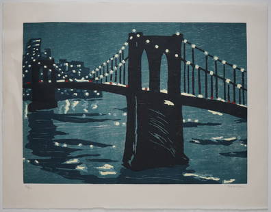 RICHARD BOSMAN (AMERICAN, B. 1944).: 'Bridges IV'. Woodcut. Signed lower right. Edition 31 of 50 lower left. From a Long Island, NY collection. - Dimensions: 18" h x 25" w.