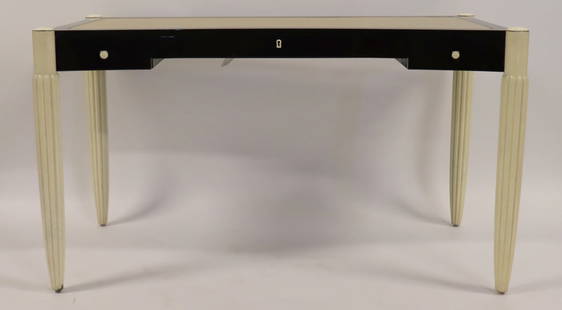 Sirkin Lewis Robert Scott Paris Leathertop Desk: Sally Sirkin Lewis for J. Robert Scott & Associates 'Paris' Leathertop ebonized and lacquered desk with reeded legs in the Art deco style. From a White Plains NY estate. - Dimensions: 30" x 53" x 26"