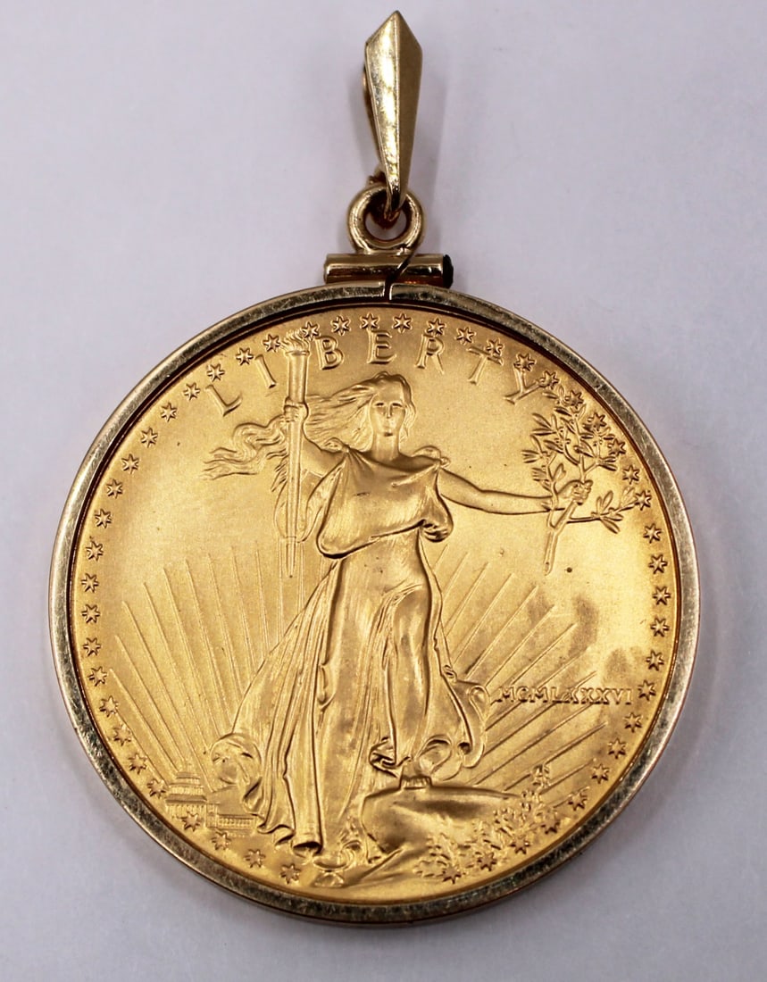 JEWELRY. 14K Gold Mounted US $50 Gold Coin Pendant (1 of 10)