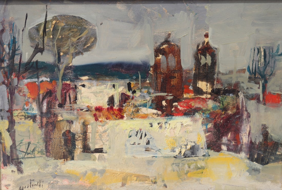 MARIO AGOSTENELLI Signed Oil On Board.: Abstract landscape. Oil on board. Signed. From a Westchester County, NY estate. - Dimensions: 7" h x 10" w. Frame: 13" h x 10" w.