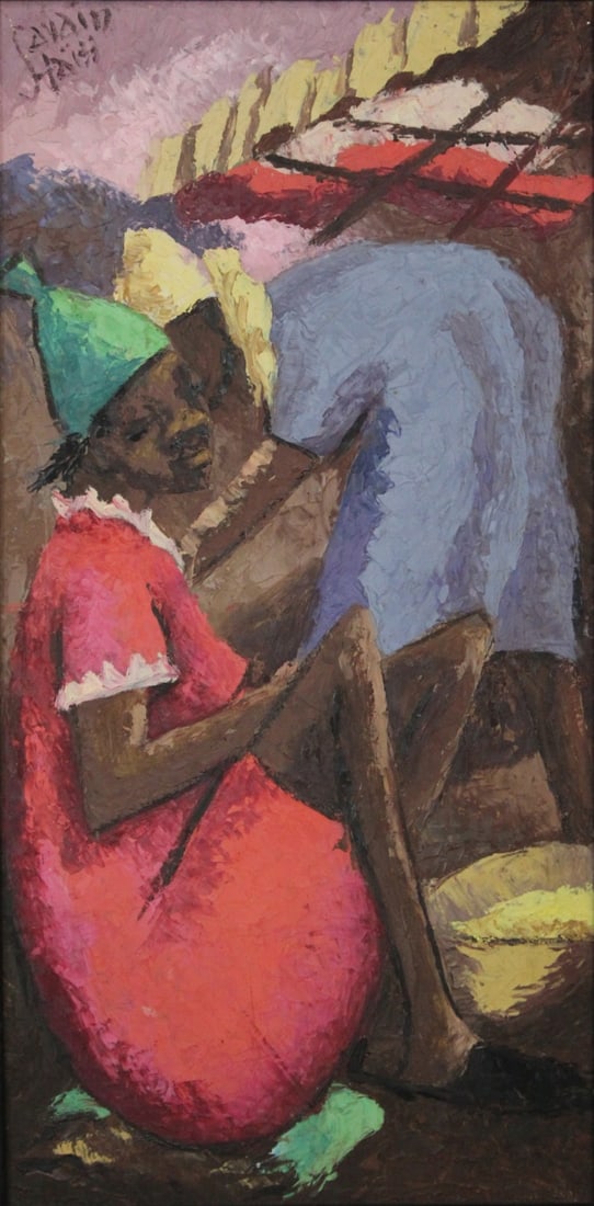 SAVAIN PETION (HAITI, 1906-1973).: Portrait of Village women. Acrylic on board. Signed top left. From a New Rochelle, NY collection. - Dimensions: 16" h x 8" w. Frame: 18" h x 9.75" w.