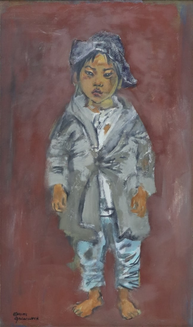 MARION GREENWOOD (AMERICAN, 1909-1970).: Chinese Street Urchin. Mixed media. Signed lower left. From a Pelham, NY collection. - Dimensions: 19" h x 11.25" w.