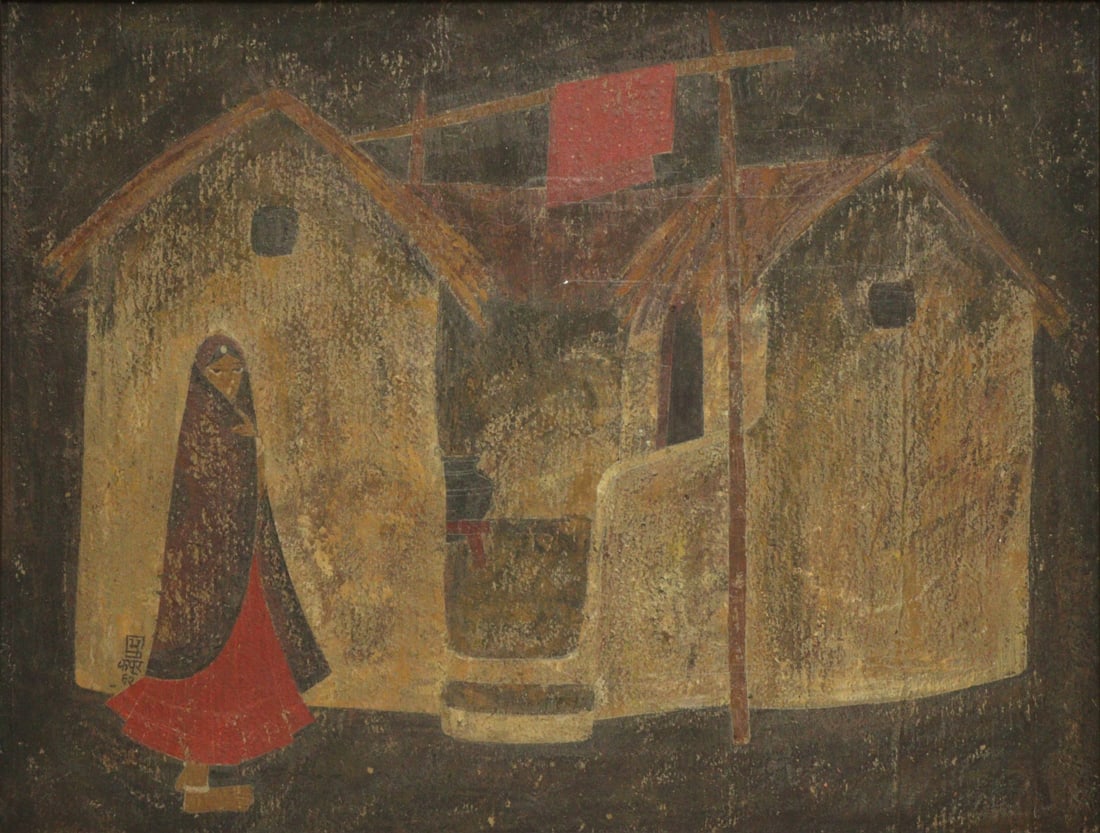 BHAGWAN KAPOOR (INDIAN, 20TH CENTURY).: Figure in a village. Oil on board. Signed lower left. From a Pelham, NY collection. - Dimensions: 19.5" h x 25 3/8" w.