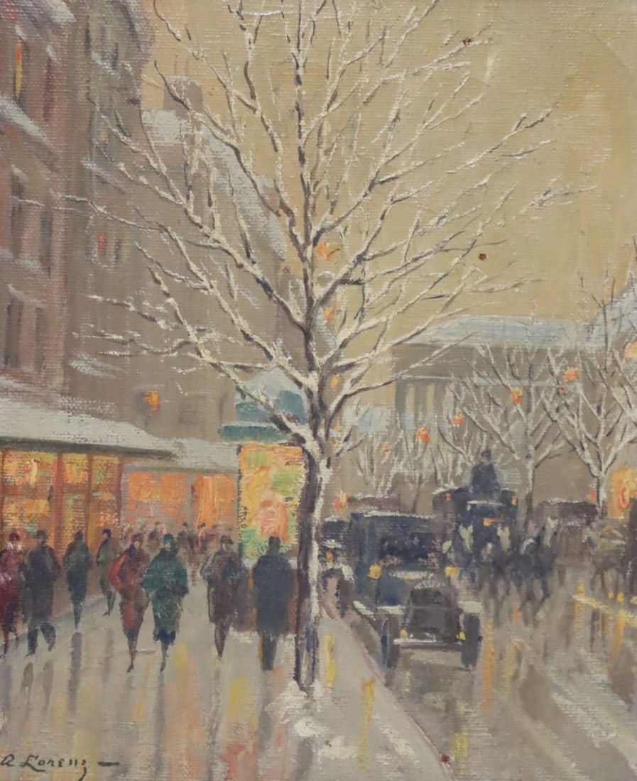 A. LORENZ. Signed Oil On Board.: Parisienne street scene. Signed lr left. From a Larchmont NY storage. - Dimensions: 10" x 8" & framed 16" x 15"