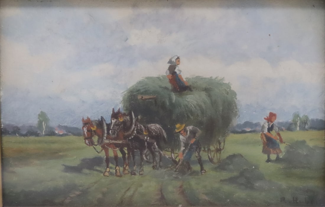 R. HUBER. Signed Oil On Board: Oil on board. Farming the hay. Signed lr rt. From a Larchmont NY storage. - Dimensions: 5"x7" & Framed 11" x 14"