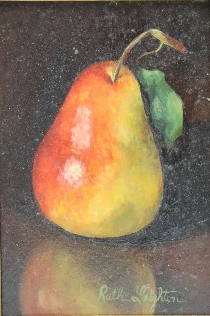 RUTH LEIGHTON. Signed Oil On Masonite: Pear. Signed lr rt. From a Larchmont NY storage. - Dimensions: 6.5" x 5" & Framed 9" x 7"