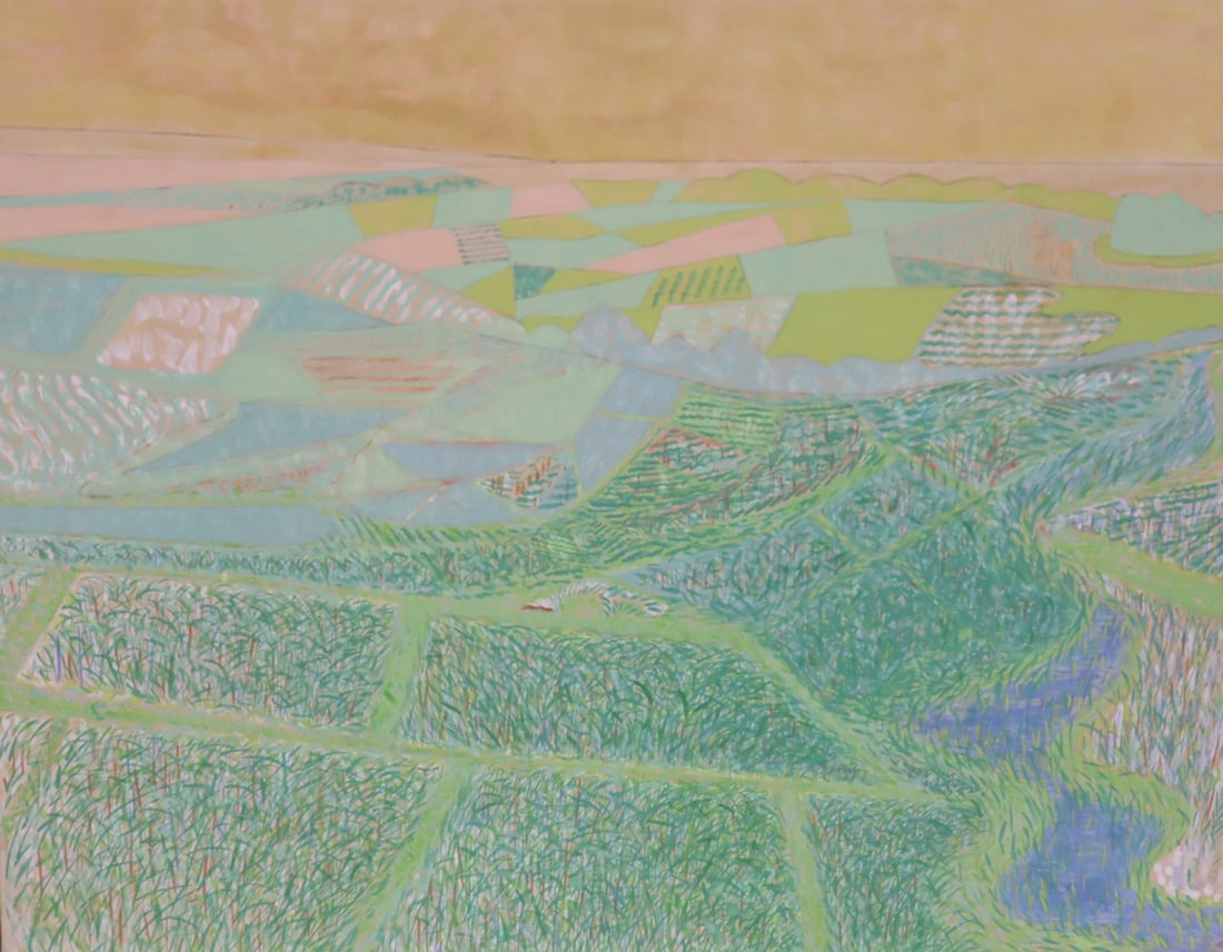 TOMIKO KATO Oil On Rice Paper On Board: "Terraced rice fields in Fukushima" Oil on rice paper on board. From a Bronx NY storage. - Dimensions: 36" x 45"