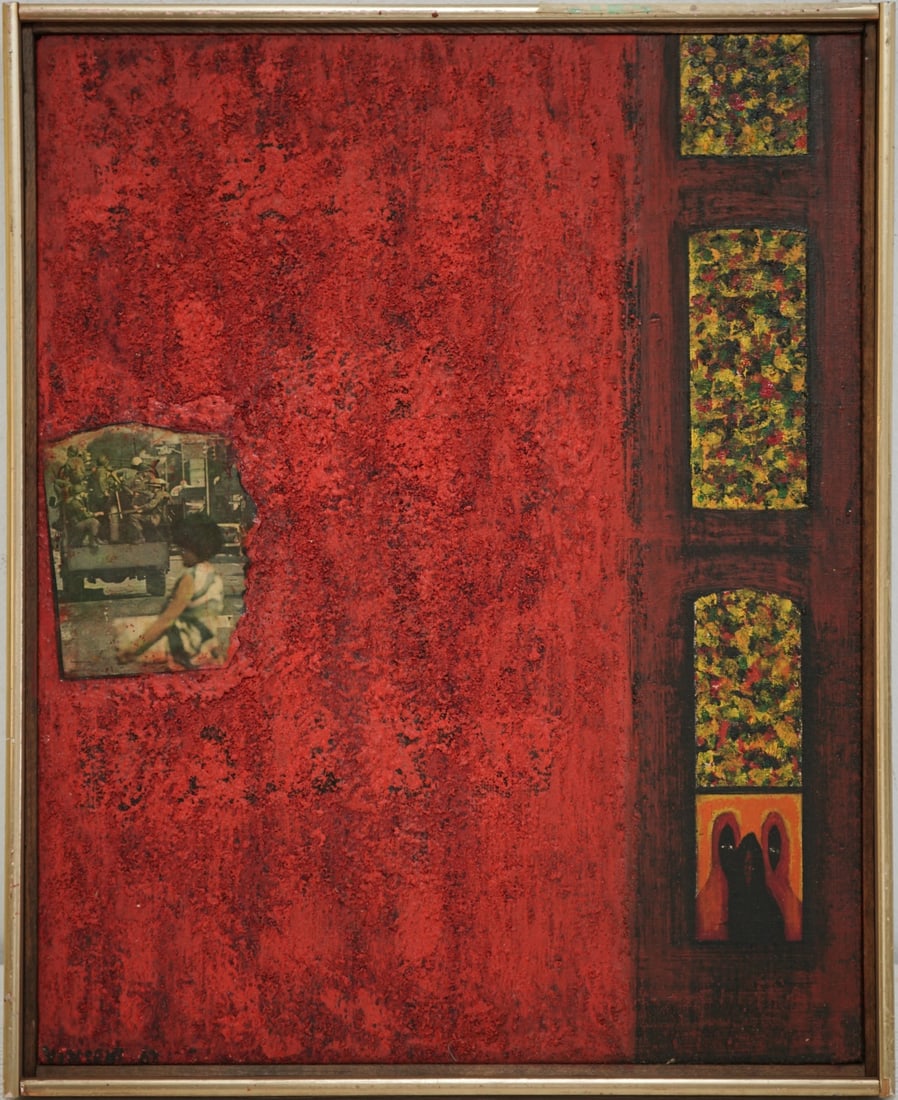 VINCENT D. SMITH (AFRICAN-AMERICAN, 1929-2003).: 'Shopping'. Medium oil on canvas with paper collage. Signed and dated '67' lower left. Verso: label indicating artist, title, medium, date, and size. The Property from a Westchester Country, collectio