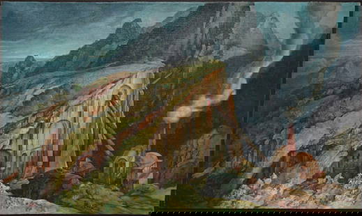 SAMUEL BAK (LITHUANIAN/AMERICAN, b. 1933).: 'Alpine Industry' Oil on canvas. Signed lower left. Property of a Manhattan, NY estate. - Dimensions: 12.50" h x 20.375" w.
