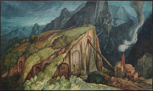 SAMUEL BAK (LITHUANIAN/AMERICAN, b. 1933).: 'Alpine Industry' Oil on canvas. Signed lower left. Property of a Manhattan, NY estate. - Dimensions: 12.50" h x 20.375" w.