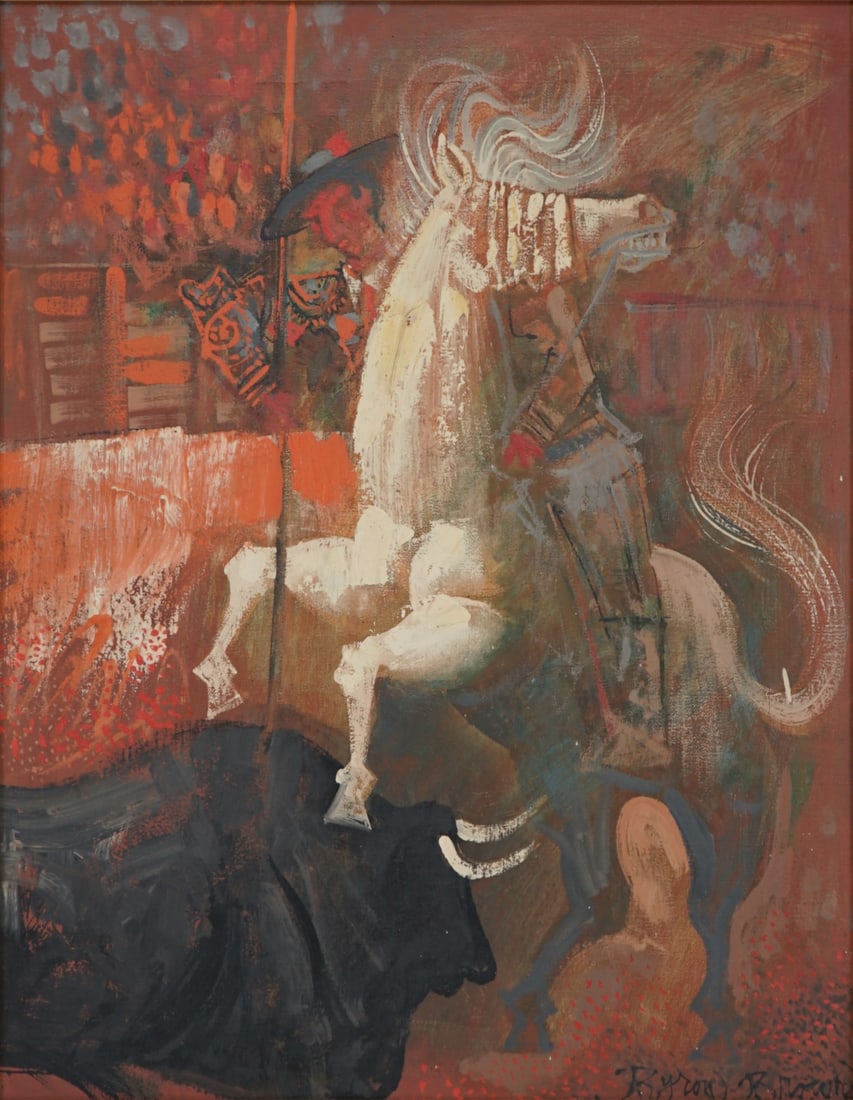 BYRON BROWNE (AMERICAN,1907-1961).: 'Picador' Oil on canvas. Signed lower right. Verso: Inscribed on canvas in marker, artist, year '1956', title, size, and location 'n.y.c.'. Spanierman Gallery, NYC, label. Property of a Harrison, NY c