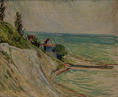 MOLLY LUCE (AMERICAN,1898-1986).: 'Lake Erie Bluffs' 1919. Oil on canvas. Initialed lower left. Verso: Several Exhibition, Institution and Gallery labels. Most pertain to the traveling exhibition; 'Molly Luce: Eight Decades of the Ame