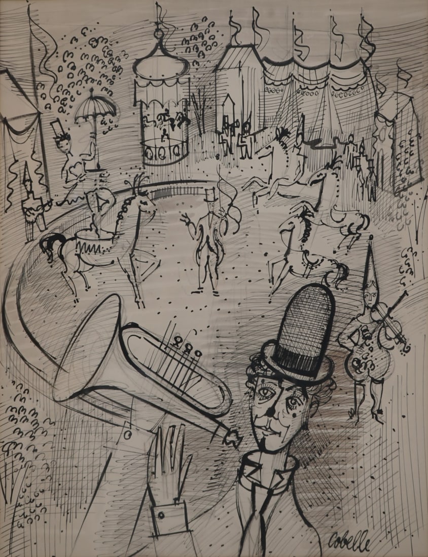 CHARLES COBELLE (FRENCH, 1902-1994).: 'Clown with Trumpet at the Circus'. Pen and ink wash with colored pencil. Signed lower right. Property of a Westport, CT collection. - Dimensions: Sight size: 27.50" h x 21" w.