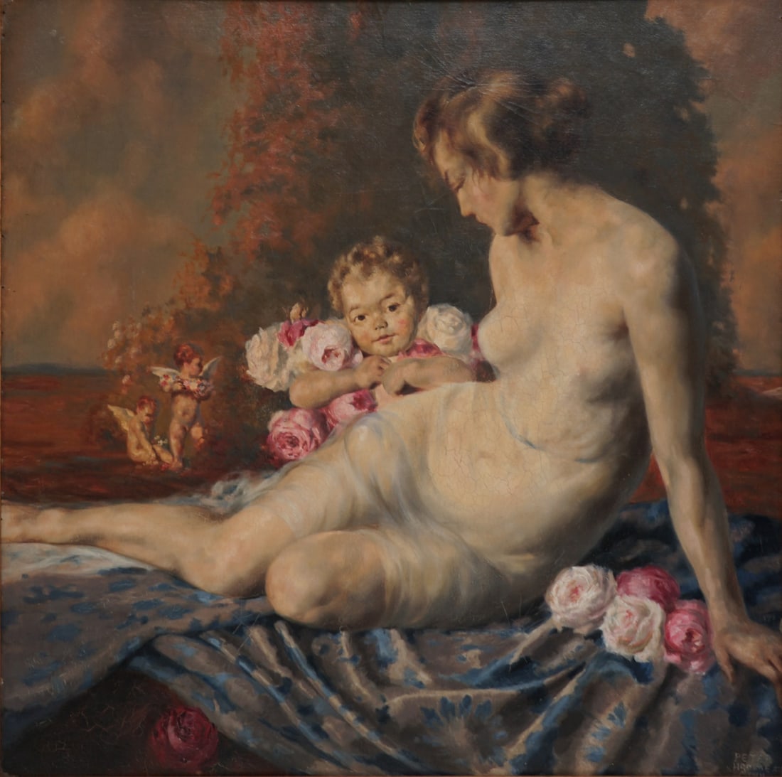 PETER HAMME (GERMAN SCHOOL,1880-1936).: 'Woman with Putti and Flowers'. Oil on artist board laid to masonite. Signed, dated '23', and location 'Munich' lower right corner. Property from a Little Neck, NY estate. - Dimensions: 29" h x 29" w.