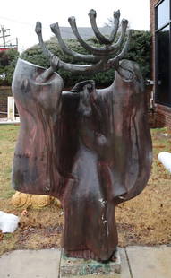 ELBERT WEINBERG (USA 1928 - 1991): Life size temple Menorah signed Elbert Weinberg. From a CT estate. - Dimensions: Bronze: 80" h; with base 84" h x 42" w