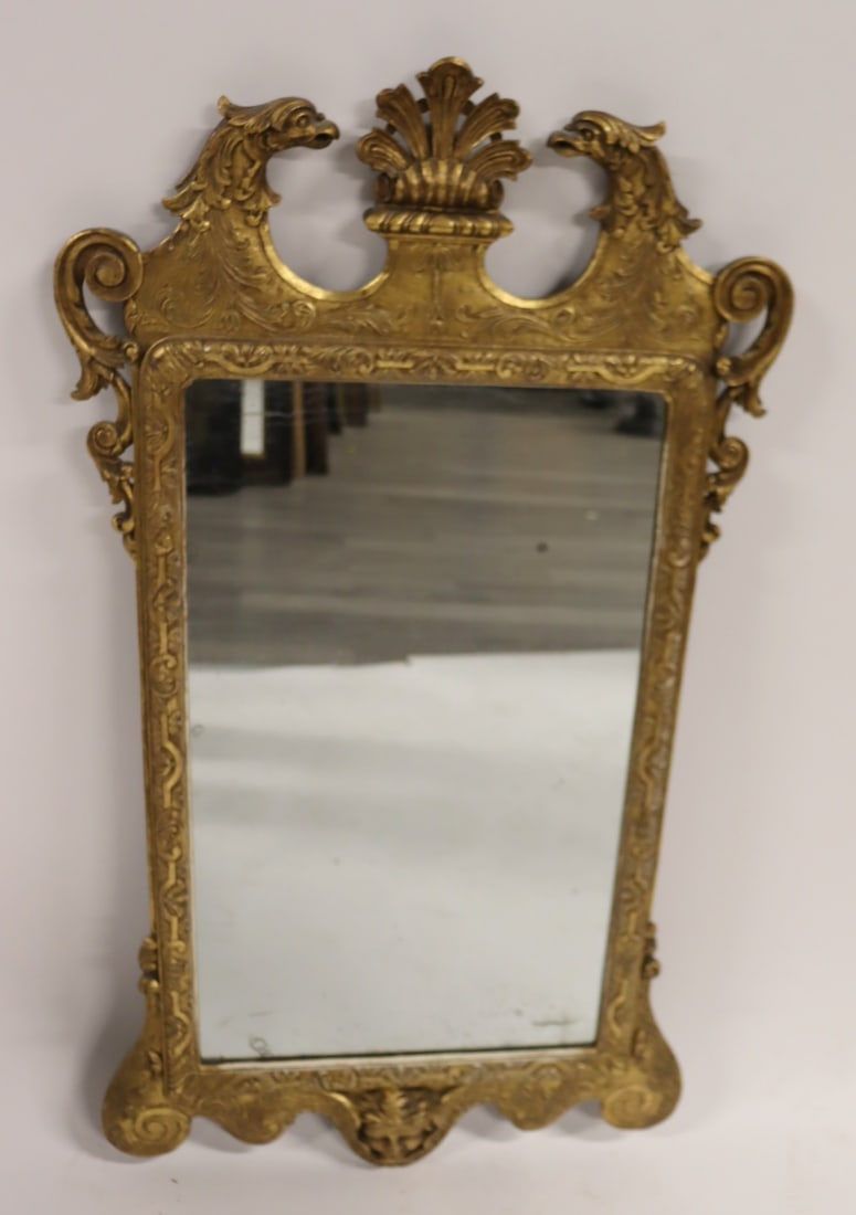 Antique Carved & Giltwood Eagle Head Mirror: George 1 ?. Carved with Eagle head crown. From an Fifth Ave NYC Estate. - Dimensions: 43" x 24"