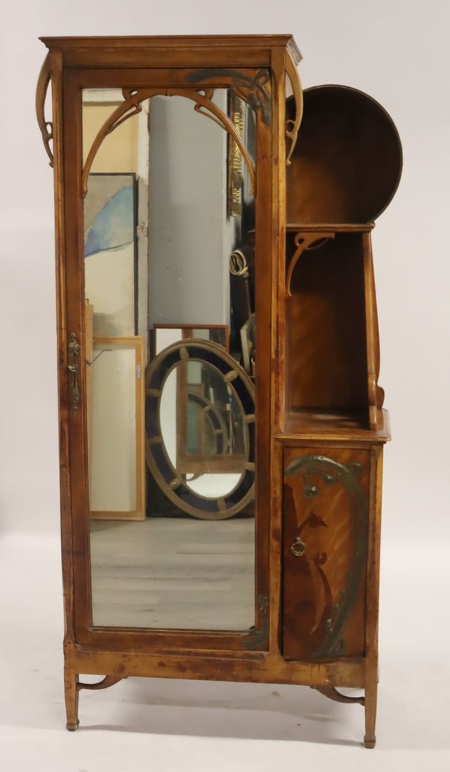 LEON BENOUVILLE (French 1821-1859).: French art nouveau cabinet with mirrored door, metal overlay and inlay. From a Brooklyn NY estate. - Dimensions: 85" h x 44" x 19"