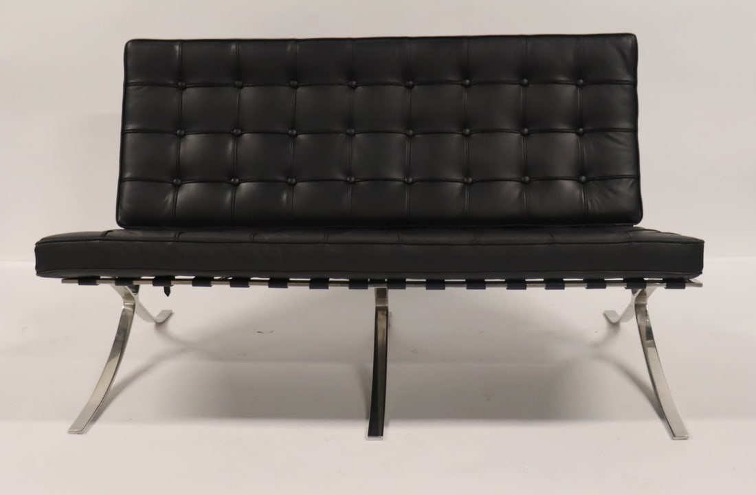 AFTER MIES VAN DER RHOE BARCELONA SETTEE.: Great quality, heavy and with leather cushions. From a Great Neck, Long Island, NY home. Dimensions: 30" h x 53" w x 31" d.