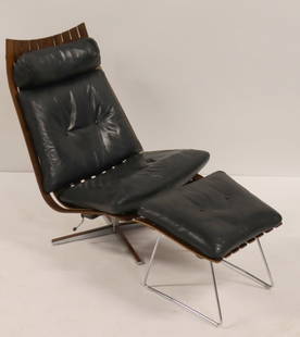 Hans Brattrud Lounge Chair And Ottoman: Hans Brattrud lounge chair and ottoman. Hove Mobler Norway, 1957 laminated rosewood, chrome-plated steel, leather, enameled steel, plastic. From an East 67 St NYC estate. Dimensions: 29" w x 36&q