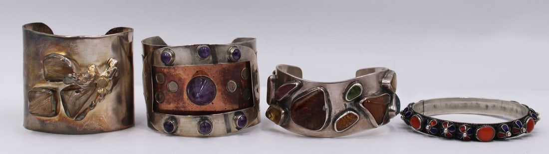 JEWELRY. (4) Silver Bracelets with Stones. (1 of 10)